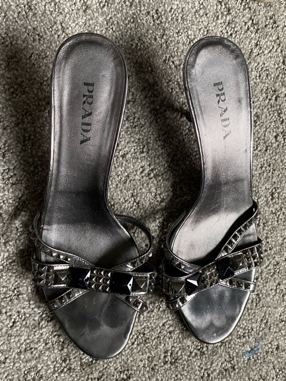 Prada Metallic Silver Studded Mule Slides